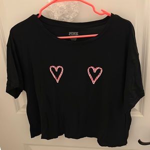 Pink Victorias Secret Large cropped black candy-cane heart shirt